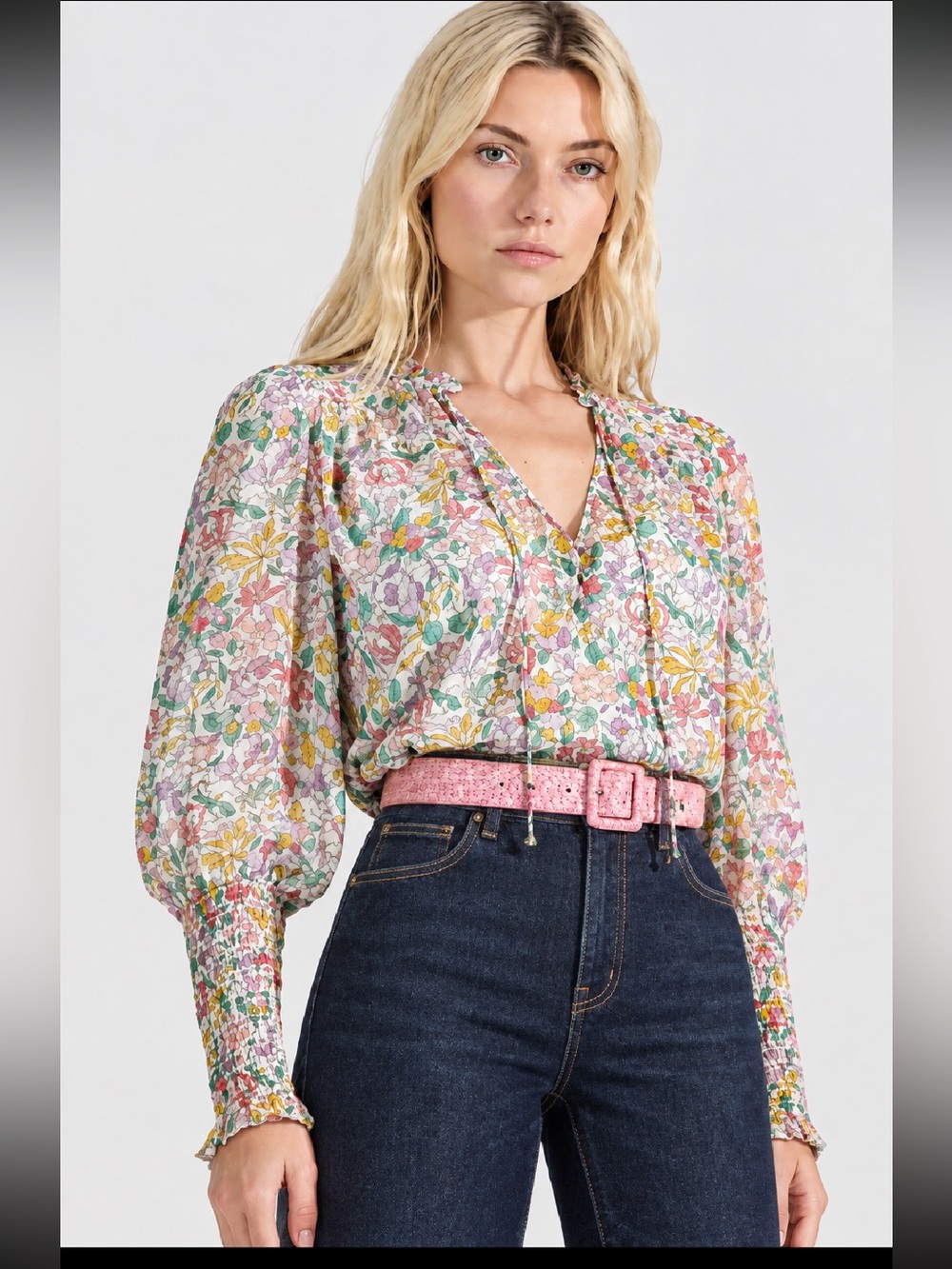Veronica Beard Jaz Floral Peasant Silk Chiffon Blouse with Smocked Cuffs ❤️❤️